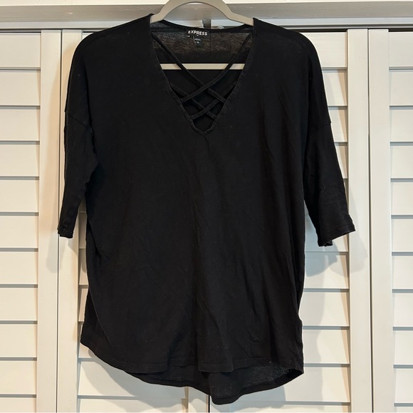 Express Tops - Women’s Express Size Small Black Criss Cross Neck Elbow Length blouse